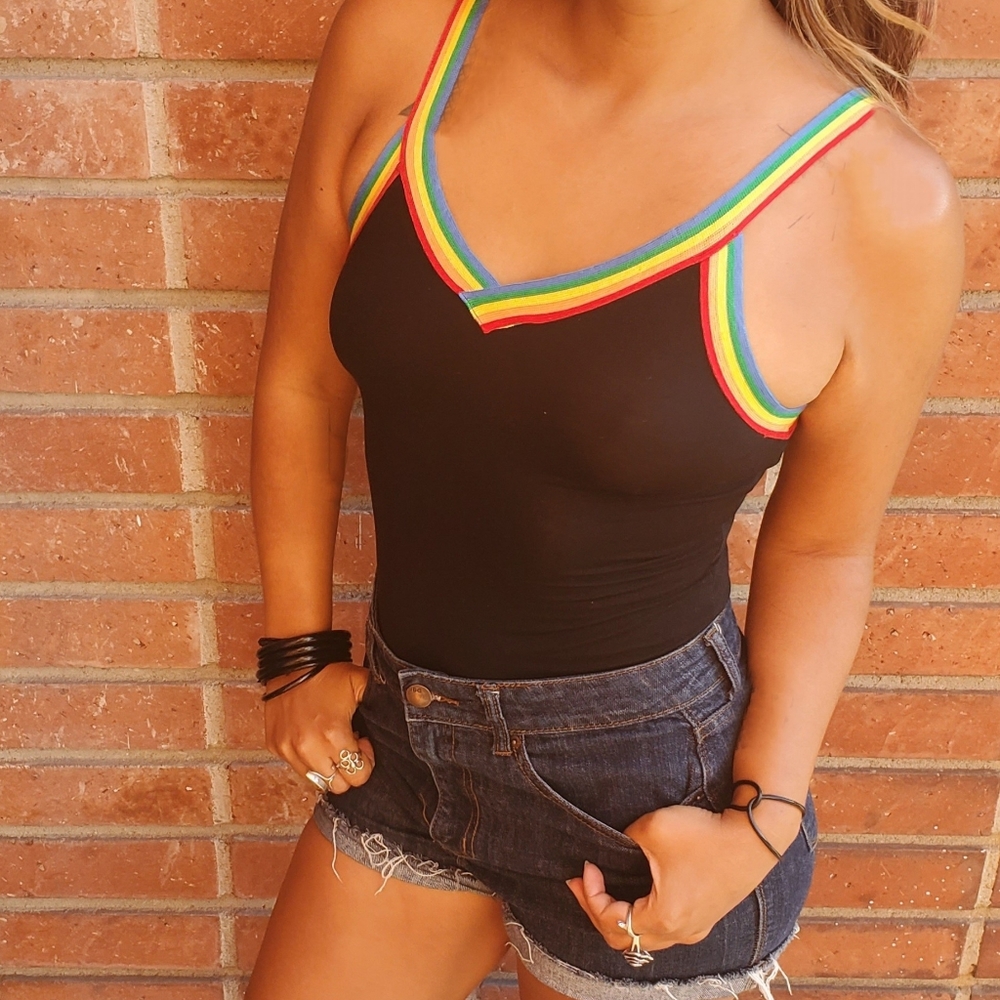 70s Style Black and Rainbow Bodysuit